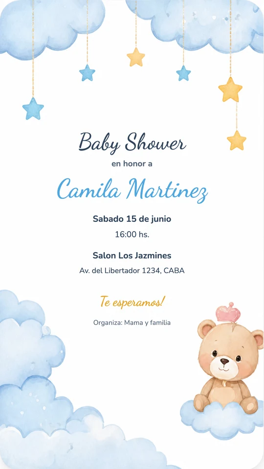 Preview de invitación estilo Celeste Nubes / Estrellas